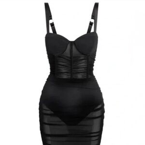LEAU NWT Miami Mesh Mini Dress LG Black Sheer Ruched Boning Built-in Brief Liner